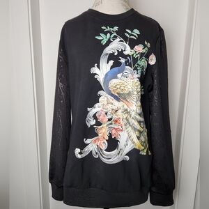 Black Sweatshirt with Peacock and Floral Design